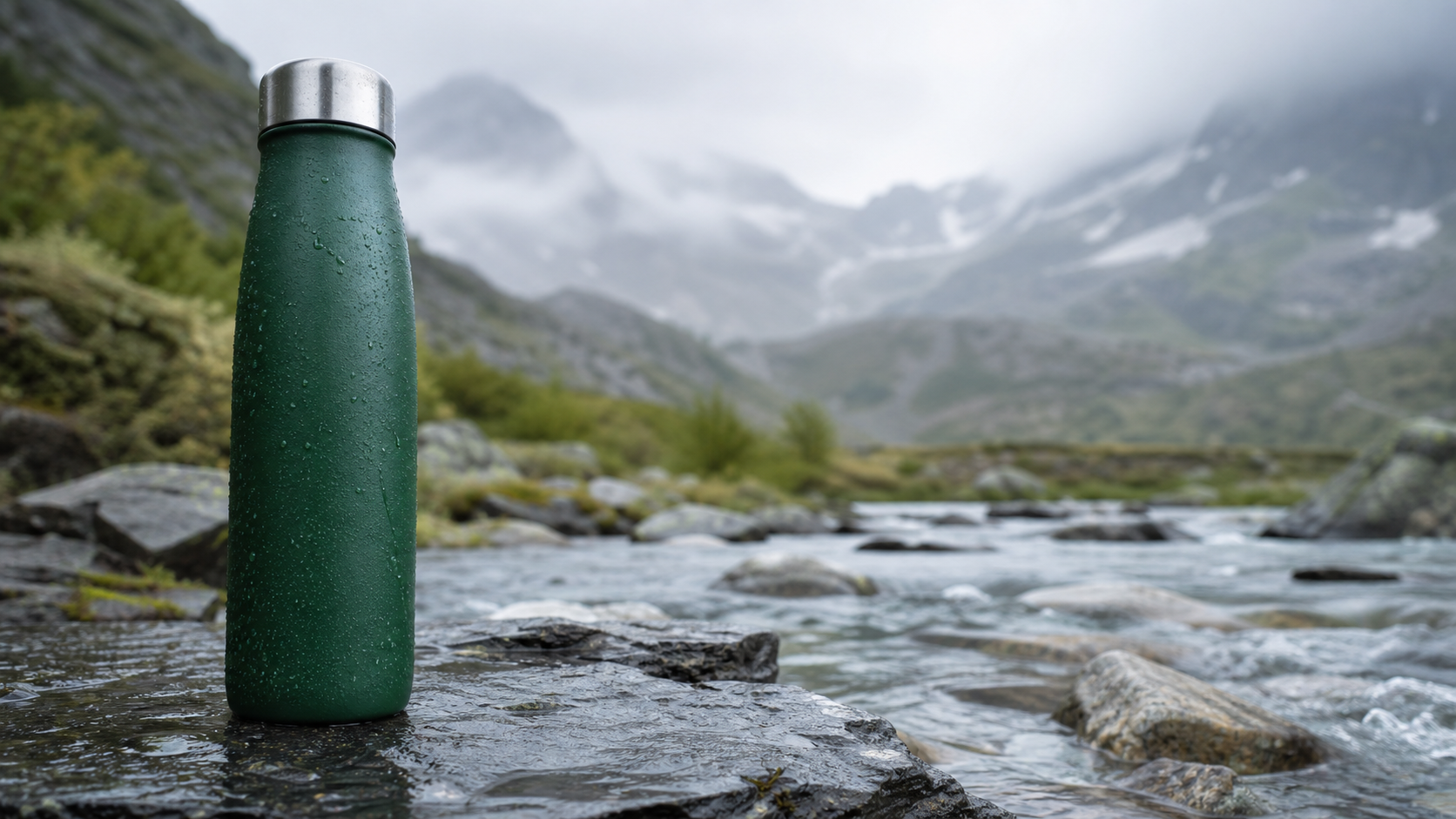 Single forest-green insulated bottle on wet slate beside an alpine stream with clear space on the right
