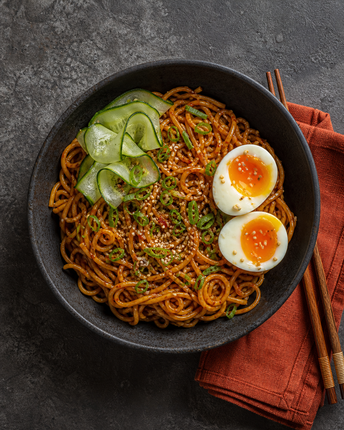Overhead bowl of spicy sesame noodles with cucumber ribbons, scallions, egg halves, a rust napkin, and chopsticks