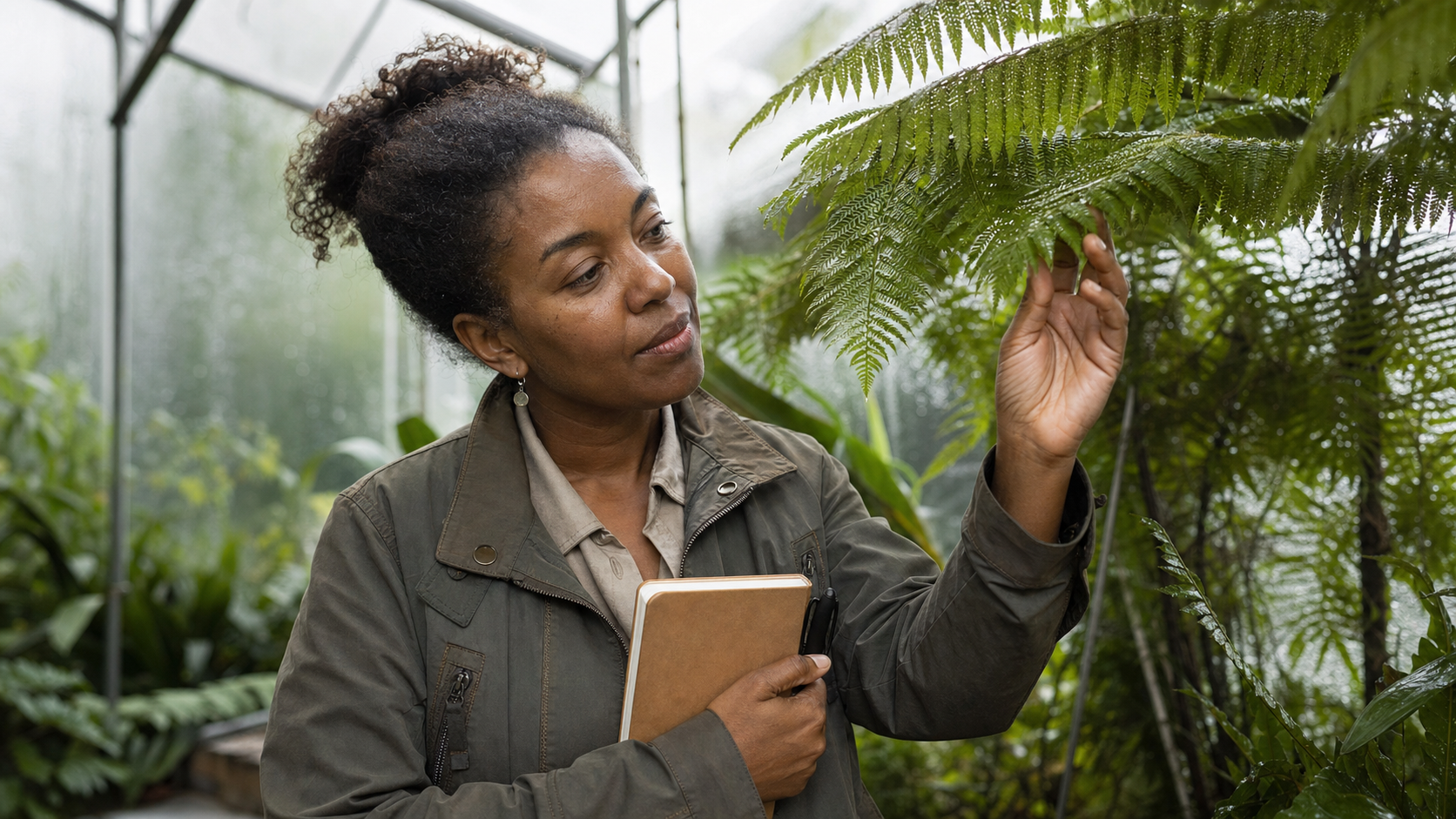 Black woman botanist examining a fern inside a humid greenhouse while holding a field notebook