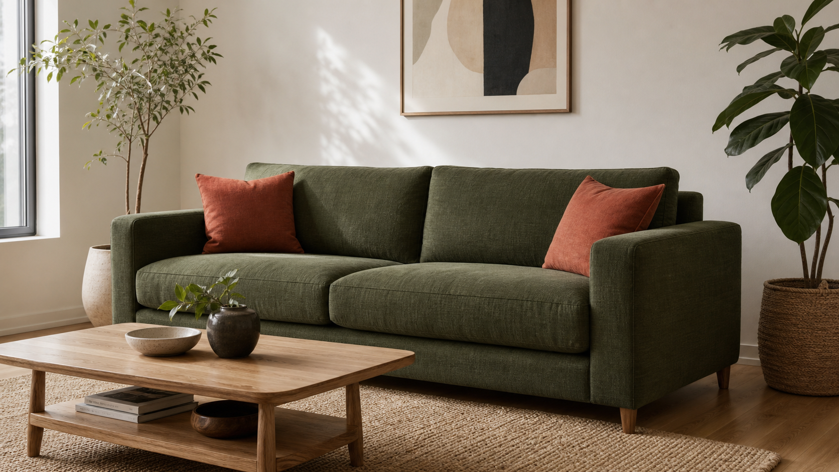 Modern living room with a deep olive-green linen sofa and exactly two rust-colored cushions in natural daylight