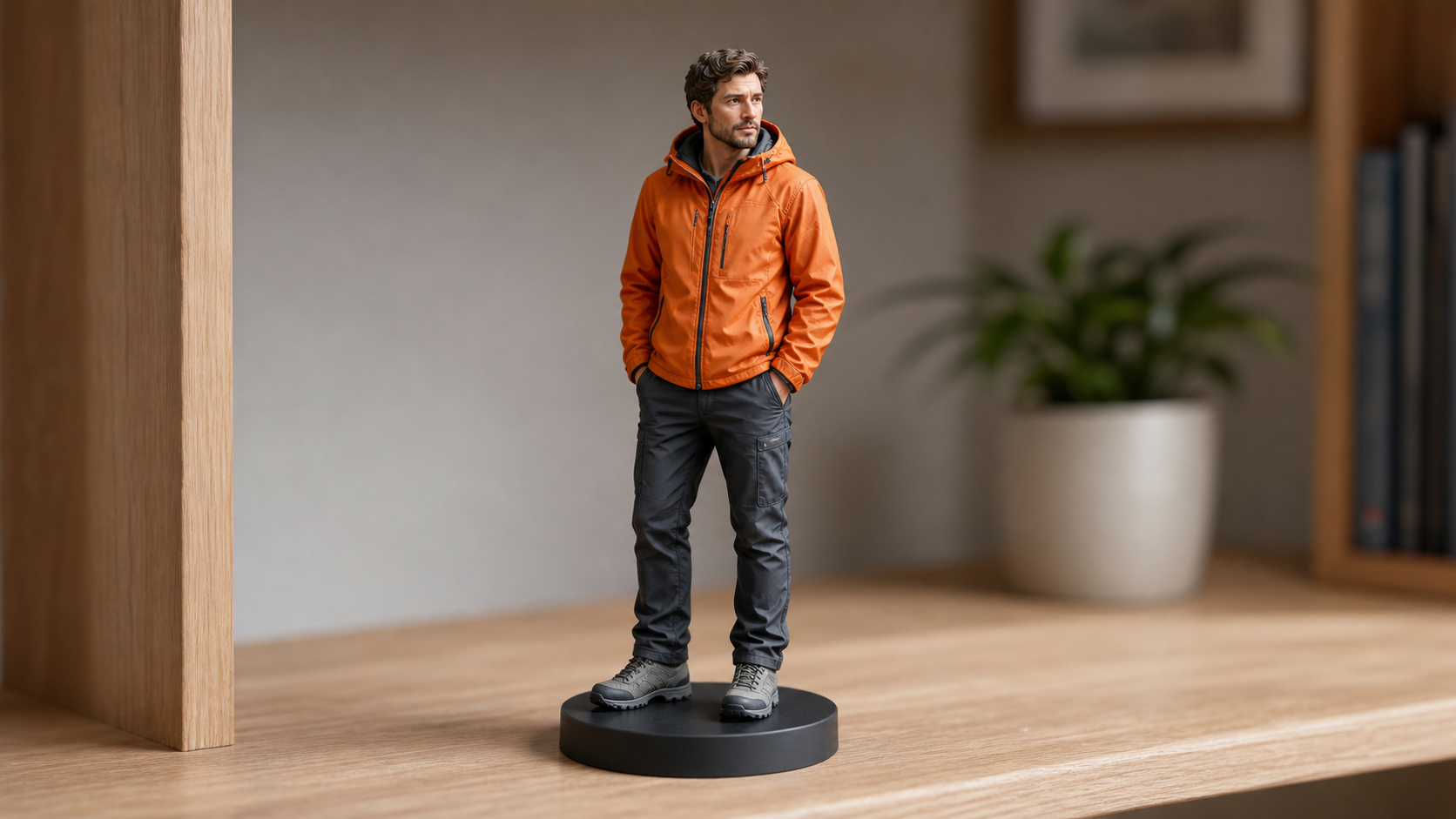 Realistic small hiker figurine in an orange jacket and charcoal trousers standing on a black circular base