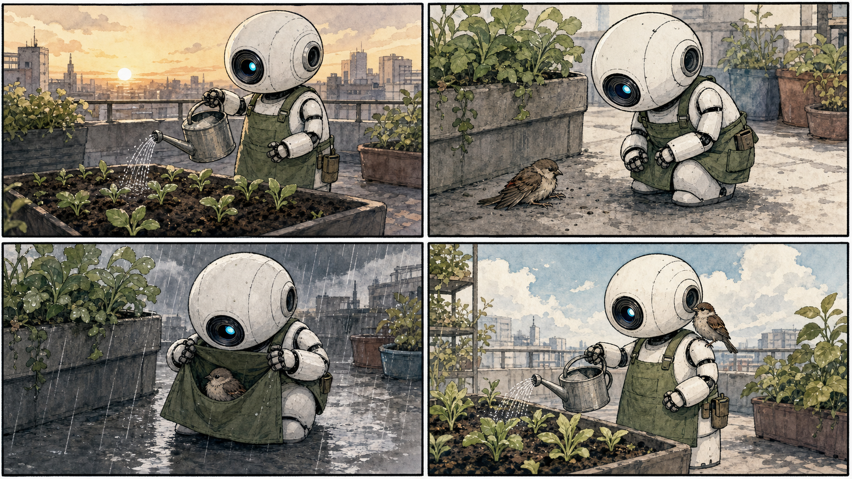 Four-panel ink-and-watercolor storyboard of the same white garden robot helping a sparrow and returning to water seedlings