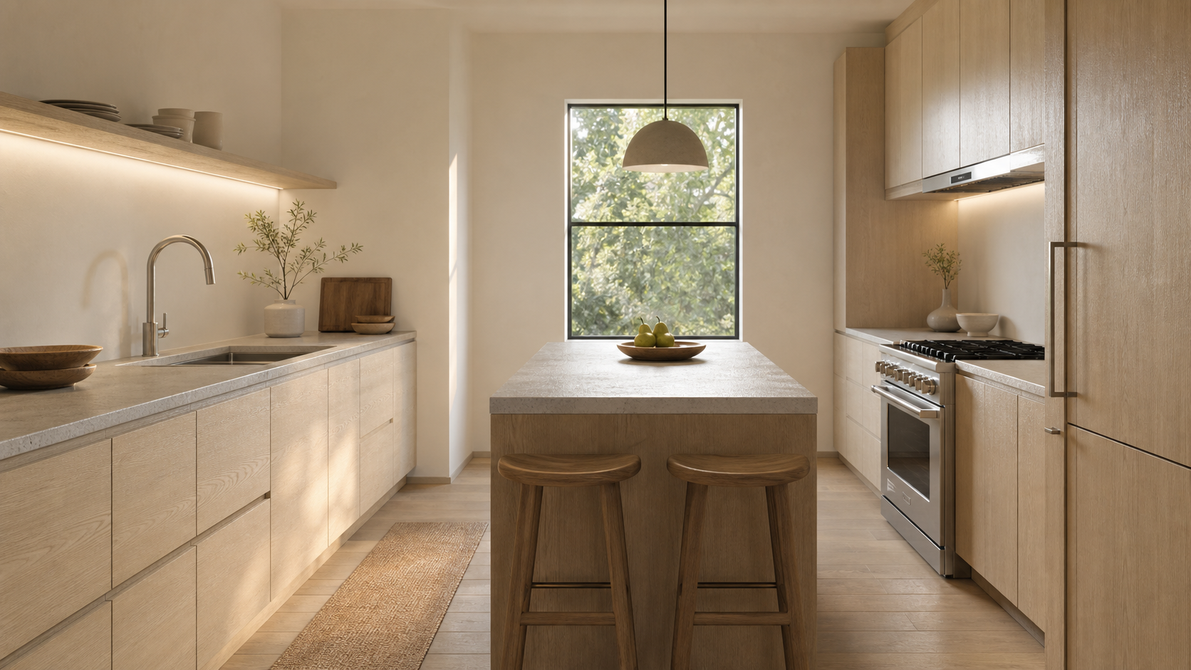 Photorealistic compact Japandi galley kitchen with pale oak cabinets, a stone island, two stools, and one window