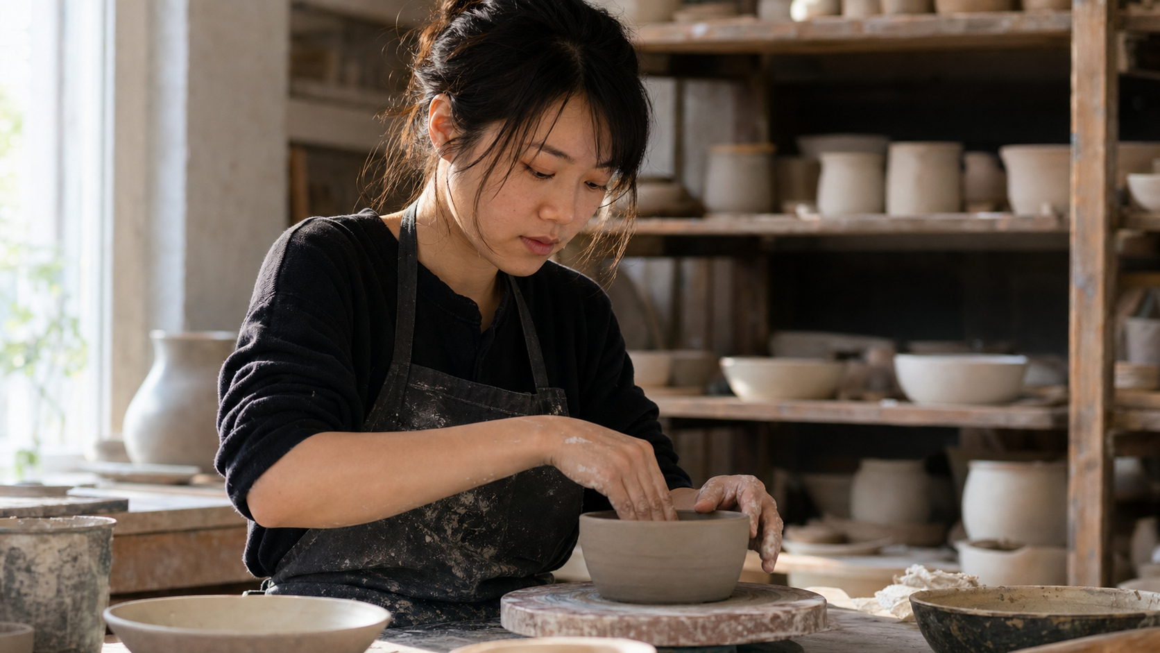 Ceramic artist shaping a clay bowl in a warm sunlit studio
