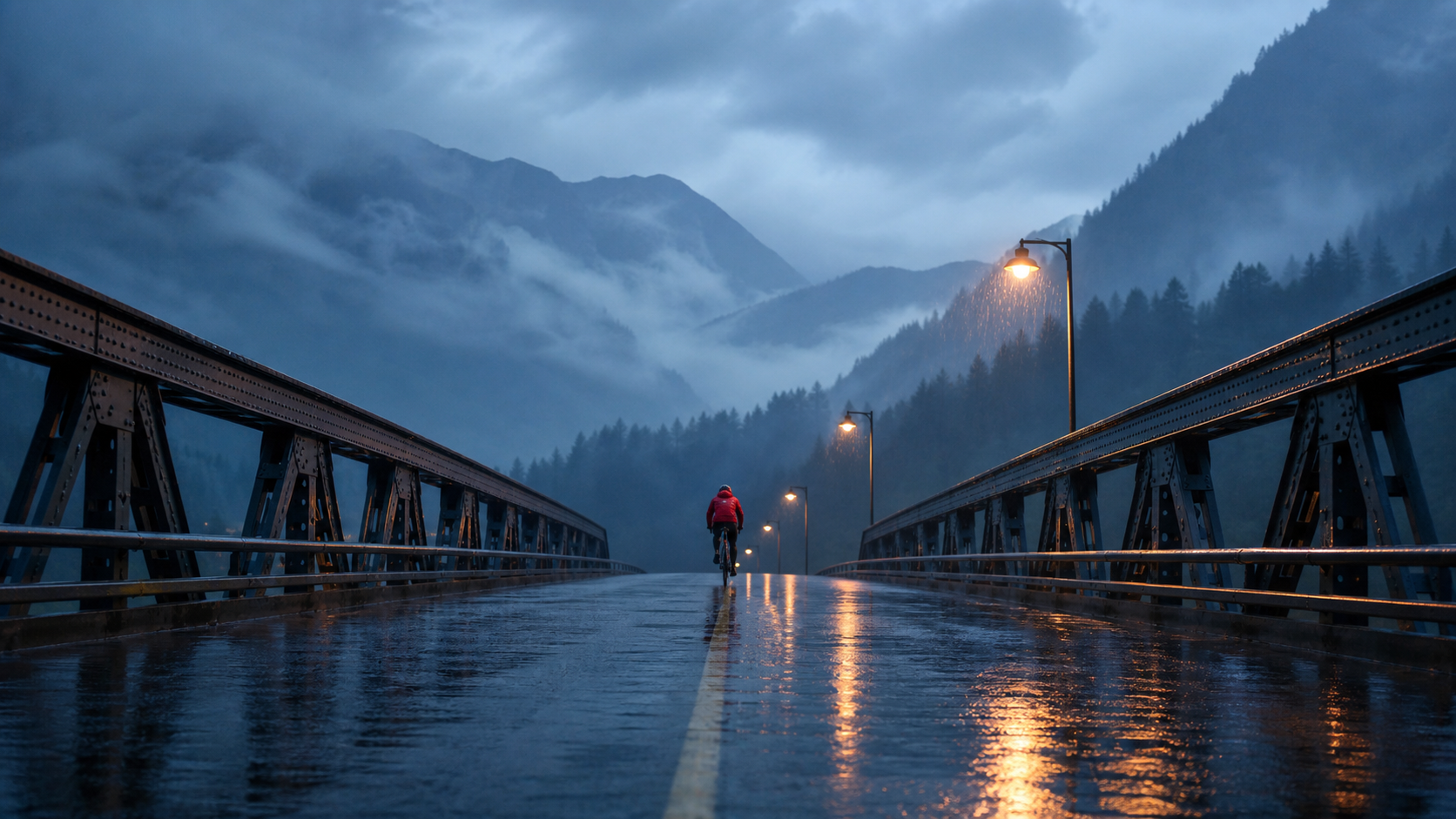 Cyclist in a red jacket crossing a rainy steel bridge at blue hour