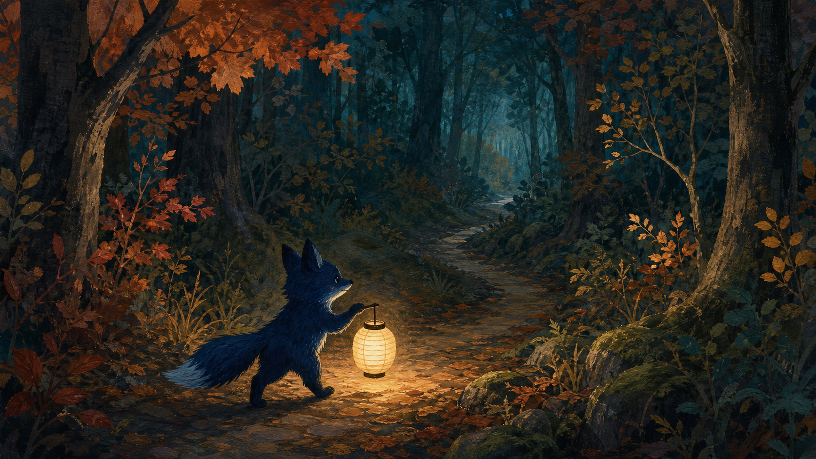 Midnight-blue fox carrying a lantern through an autumn forest