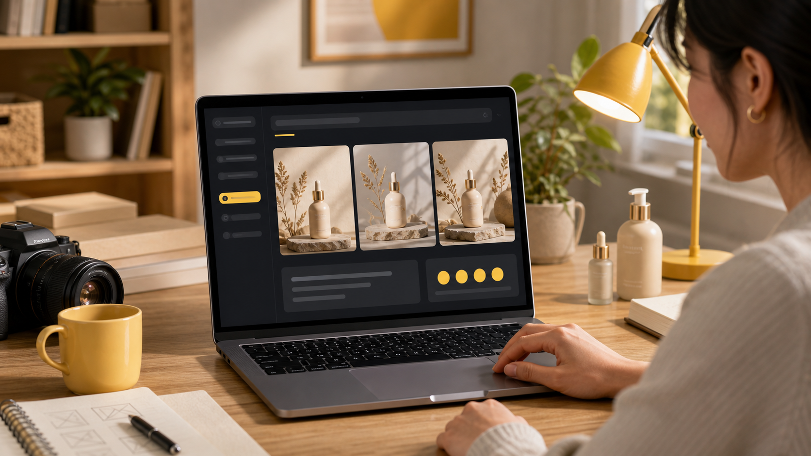 Small business creator using Nano Banana to generate product image thumbnails with a simple credit counter icon