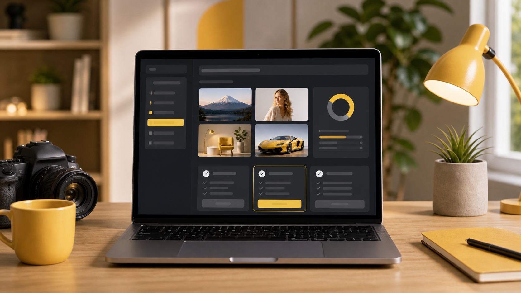Nano Banana upgrade decision workflow with plan cards, generated image thumbnails, and a yellow usage gauge on a creator laptop