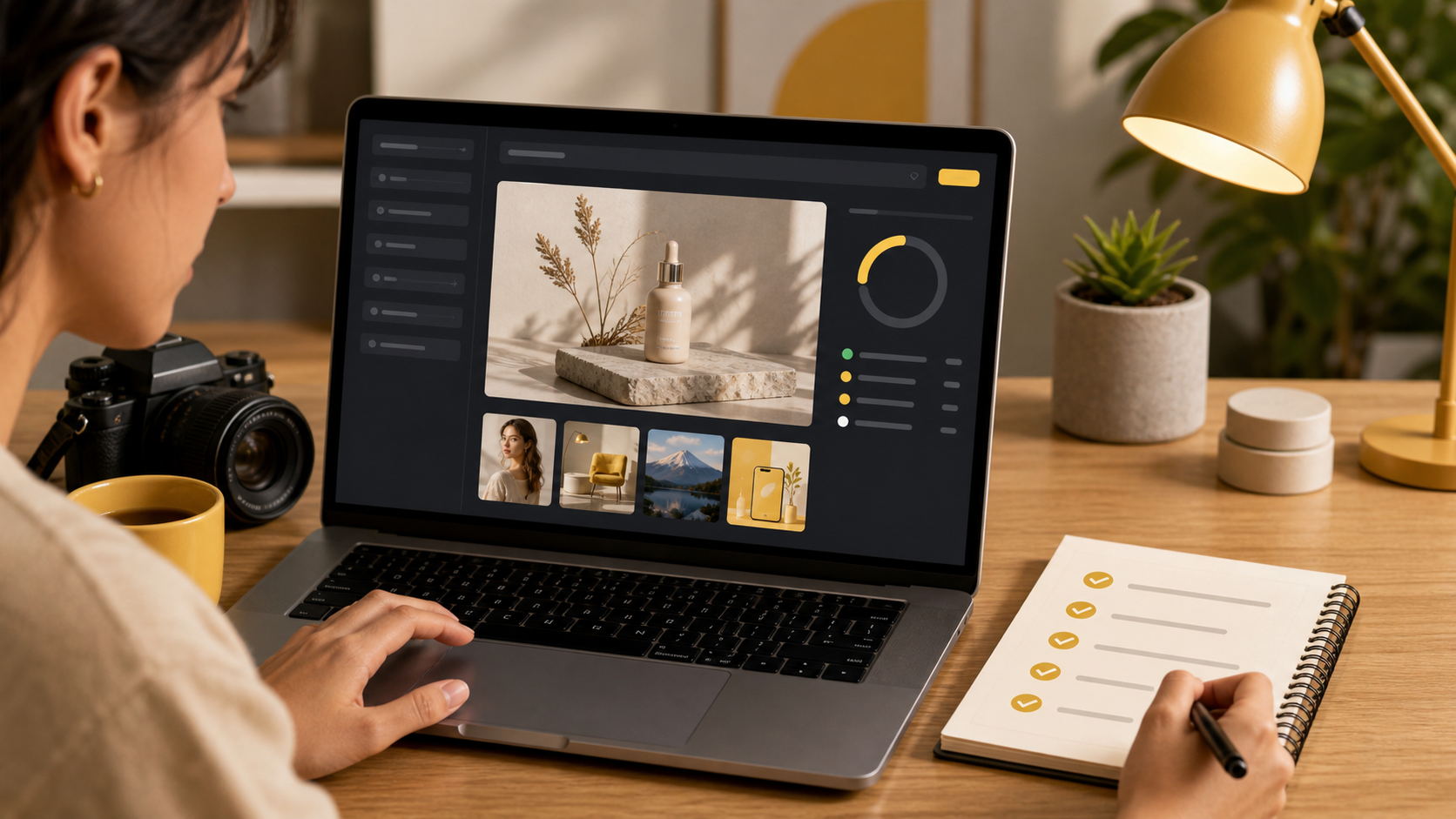 Creator reviewing Nano Banana AI image outputs on a laptop with prompt controls, generated thumbnails, and a checklist notebook