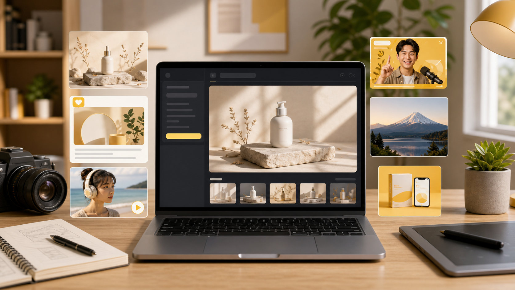 Nano Banana AI use case board showing generated product images, creator thumbnails, portraits, and social media visuals around an editing workspace