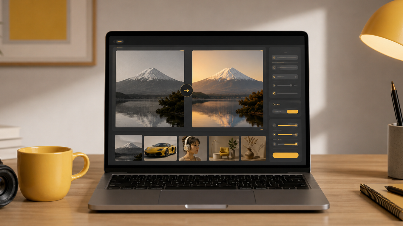 Nano Banana editing workspace showing generated image variations and a polished output preview