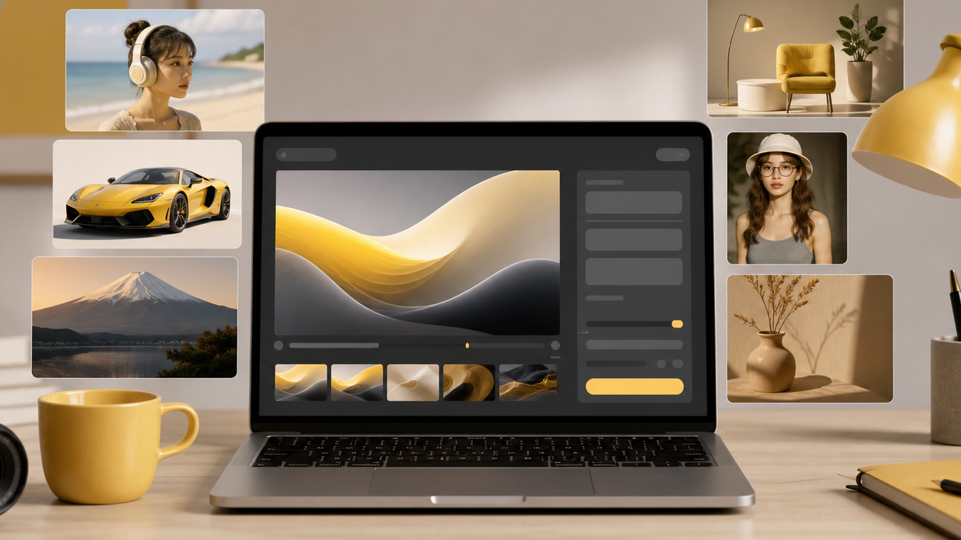 Nano Banana output variations showing portraits, product-style images, scenes, and design visuals around an AI image workspace