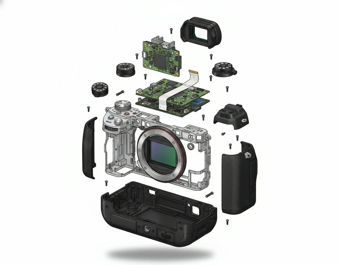 Exploded technical view of a mirrorless camera and its components