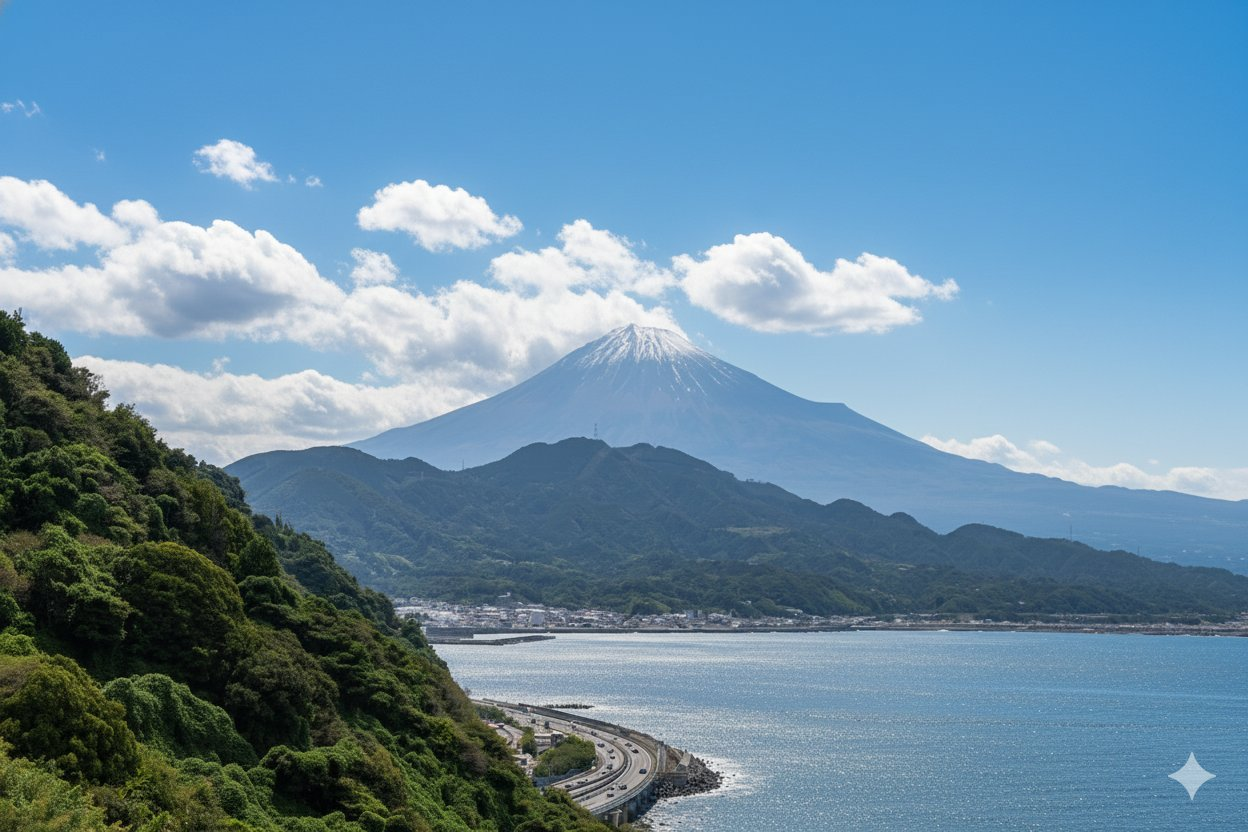 Mount Fuji beyond a blue coastal bay beneath crisp white clouds